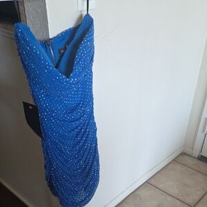 Bebe Blue Sequin Ruched Strapless Bodycon Dress